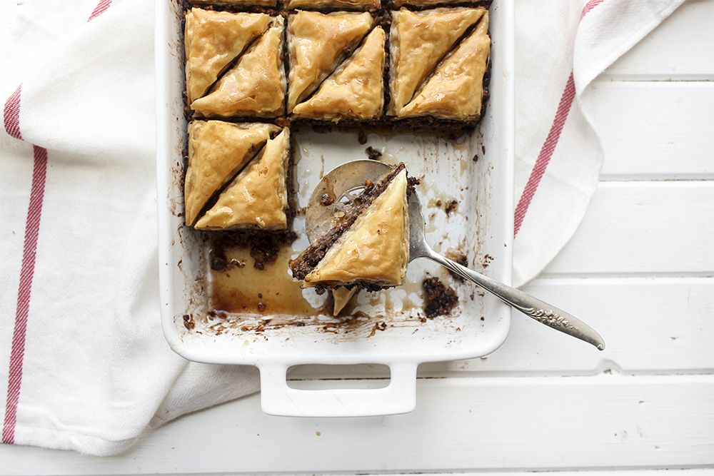 Chocolate Hazelnut Baklava - Flaky, crispy phyllo dough layered with hazelnuts and bittersweet chocolate chocolate, topped with a honey-cocoa nib syrup that provides a twist on the traditional walnut/almond greek baklava dish #baklava #dessert #dessertrecipe #sweetdessert #phyllodough #phyllo #hazelnut #chocolate 