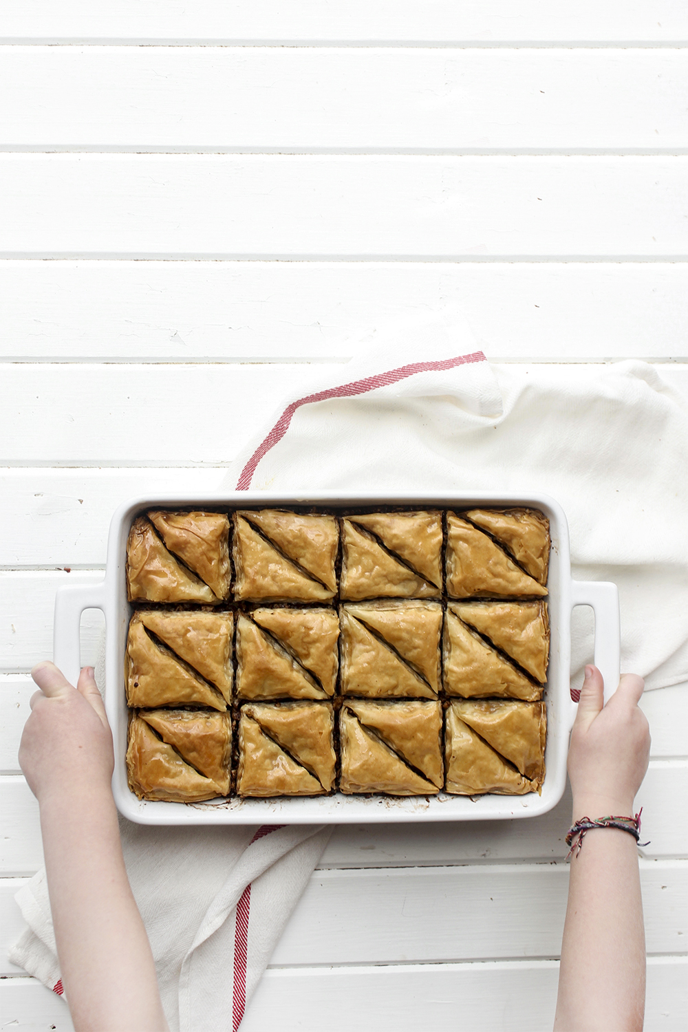 Chocolate Hazelnut Baklava - Flaky, crispy phyllo dough layered with hazelnuts and bittersweet chocolate chocolate, topped with a honey-cocoa nib syrup that provides a twist on the traditional walnut/almond greek baklava dish #baklava #dessert #dessertrecipe #sweetdessert #phyllodough #phyllo #hazelnut #chocolate 